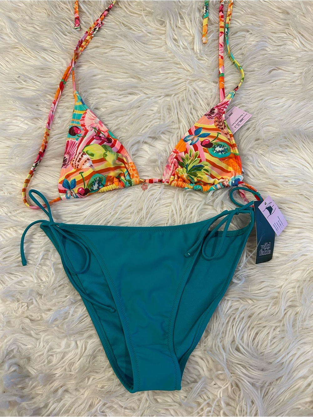 Floral Tropical Triangle Bikini Top with Teal Tie-Side Bottoms